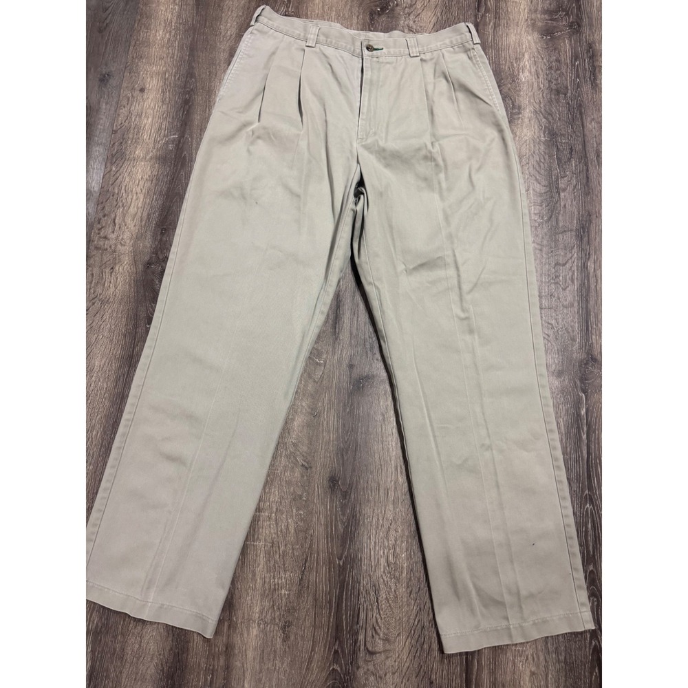 Tommy Hilfiger Mens 36x32 Khaki Pleated Chino Pants Tan Cotton Twill Trousers